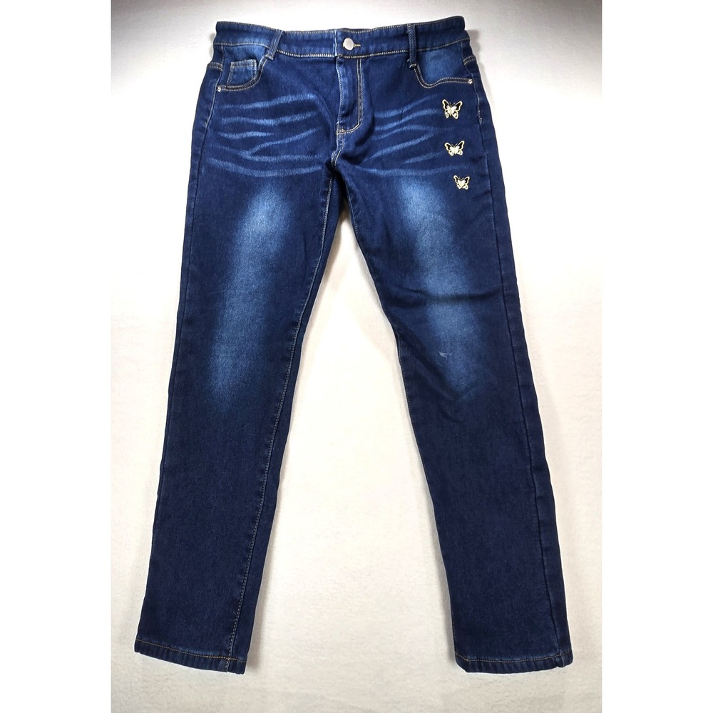 Womens Fleece Lined Butterfly Embroidered Dark Wash Denim Jeans L/XL